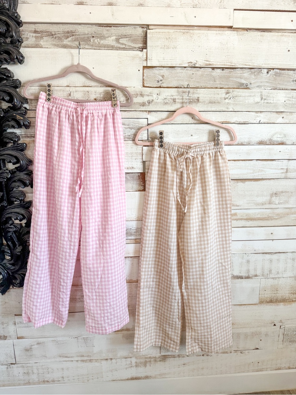 Gingham Drawstring Lounge Pants - Pink & Beige